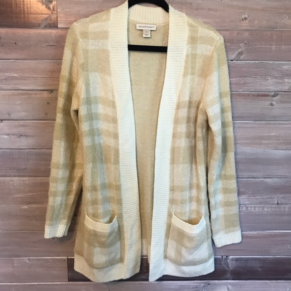 Christopher & Banks Sweaters - Christopher and Banks Tan Plaid Fuzzy Duster Cardigan Size Small